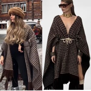 NWT Zara Houndstooth Fringe Poncho - Jacquard Knit, Retro Boho Western - OS
